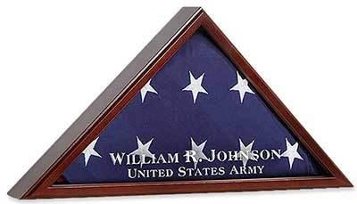 American Flag Display Case made of solid cherry wood with a clear glass front, designed for 5' x 9-1/2' veteran burial flags.