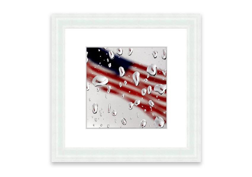 Framed American Flag Droplet print with vibrant colors, showcasing the American flag in a unique droplet design.