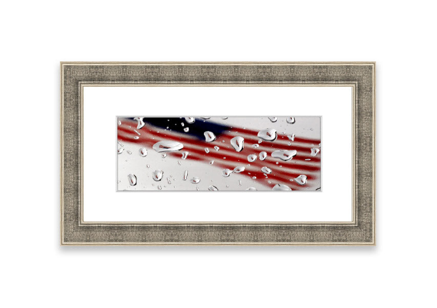 Framed American Flag Droplet print with vibrant colors, showcasing the American flag in a unique droplet design.