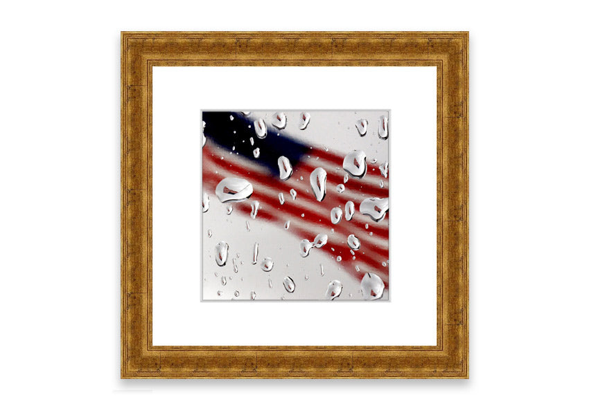 Framed American Flag Droplet print with vibrant colors, showcasing the American flag in a unique droplet design.