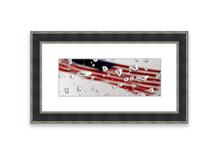Framed American Flag Droplet print with vibrant colors, showcasing the American flag in a unique droplet design.