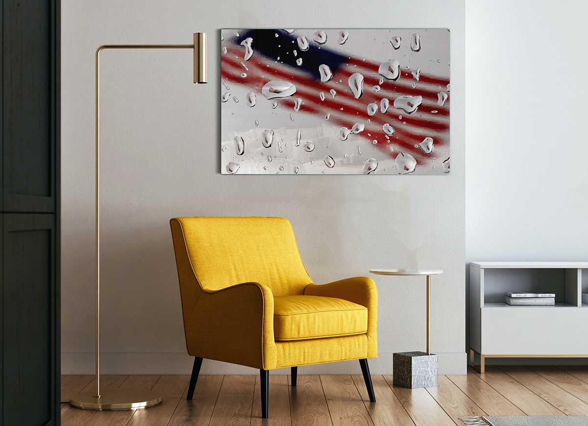 A modern glass print featuring the American flag in a droplet shape, showcasing vibrant colors and contemporary design.
