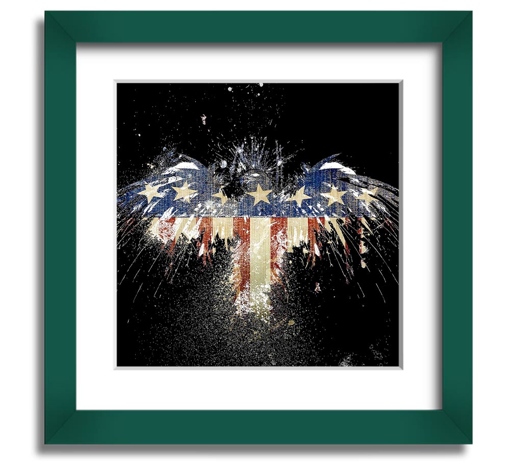 A beautifully framed print of an eagle against the American flag, showcasing vibrant colors and intricate details.