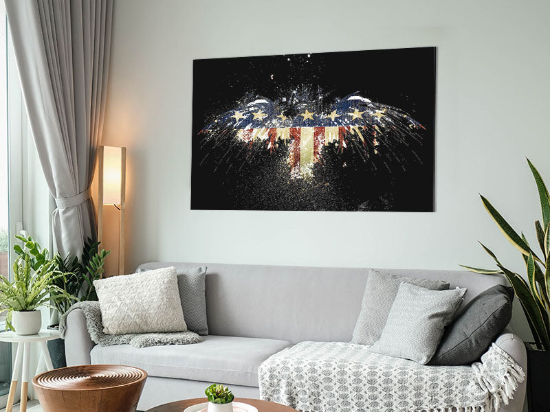 A vibrant American Flag Eagle art piece printed on brushed aluminium dibond, showcasing a majestic eagle against the backdrop of the American flag.