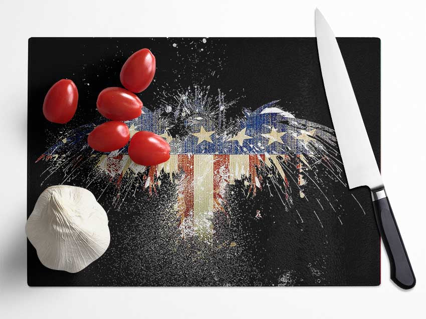 A beautifully designed American Flag Eagle chopping board made from tempered glass, featuring a chinchilla ripple effect and anti-slip feet.