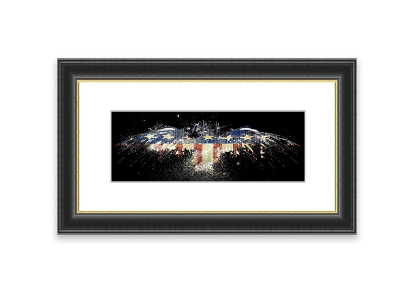Framed print of an eagle against the American flag, showcasing vibrant colors and intricate details.