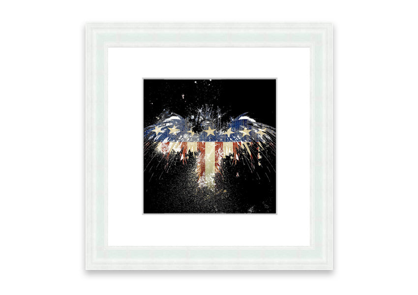Framed print of an eagle against the American flag, showcasing vibrant colors and intricate details.