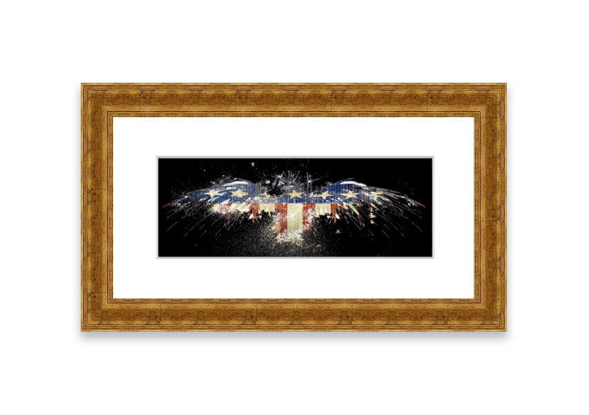 Framed print of an eagle against the American flag, showcasing vibrant colors and intricate details.