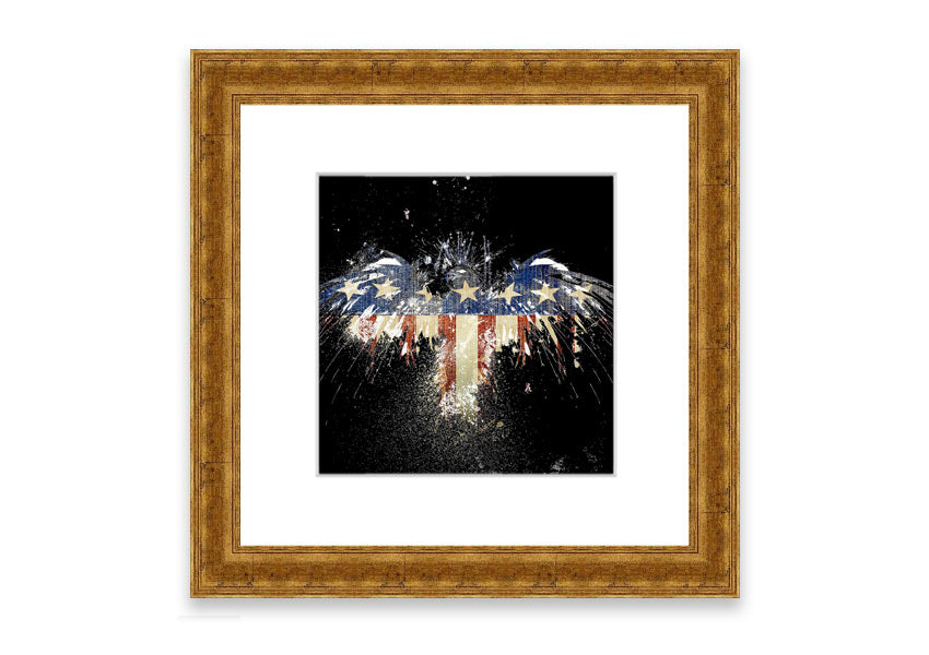 Framed print of an eagle against the American flag, showcasing vibrant colors and intricate details.