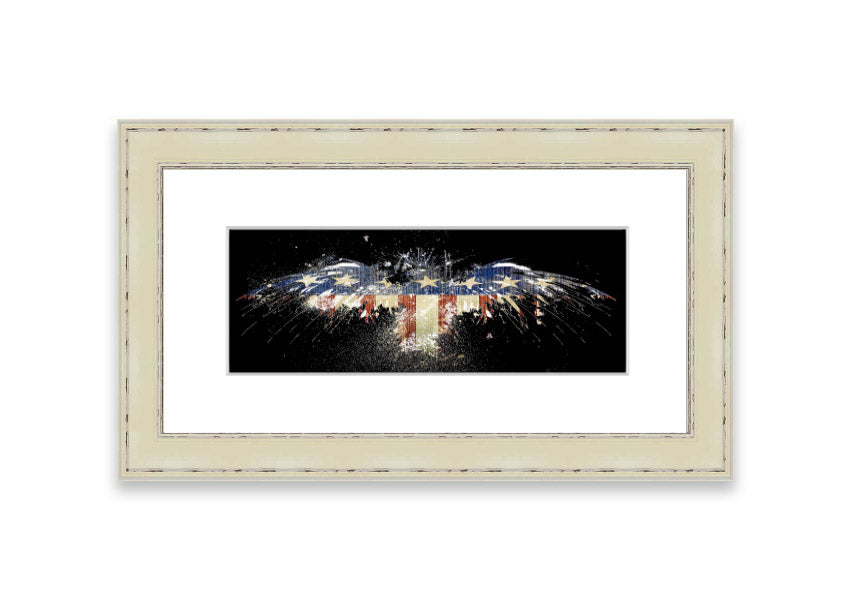 Framed print of an eagle against the American flag, showcasing vibrant colors and intricate details.