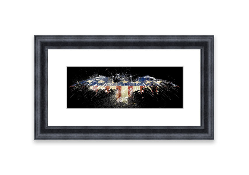 Framed print of an eagle against the American flag, showcasing vibrant colors and intricate details.