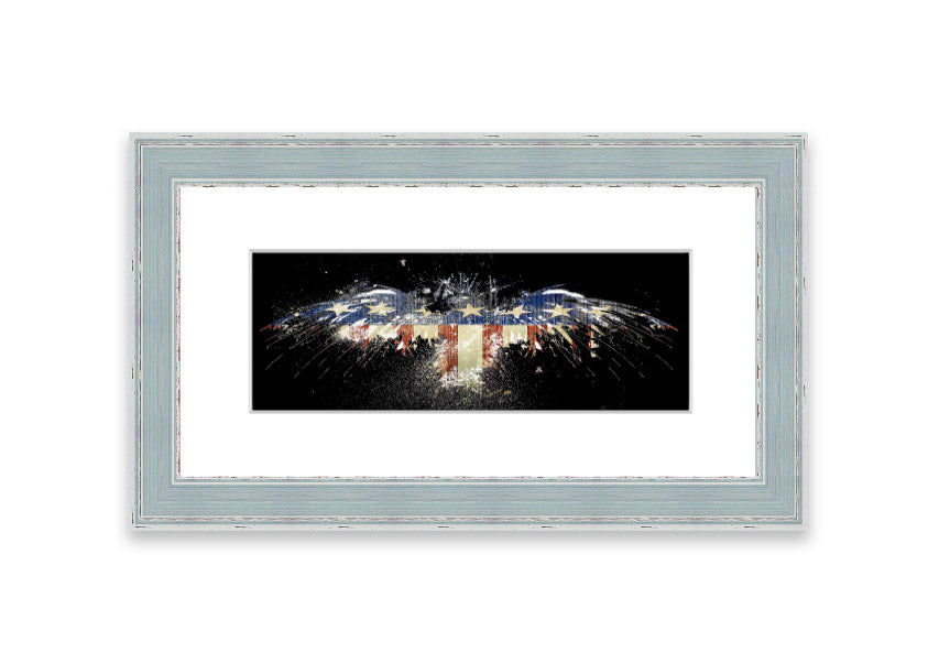 Framed print of an eagle against the American flag, showcasing vibrant colors and intricate details.