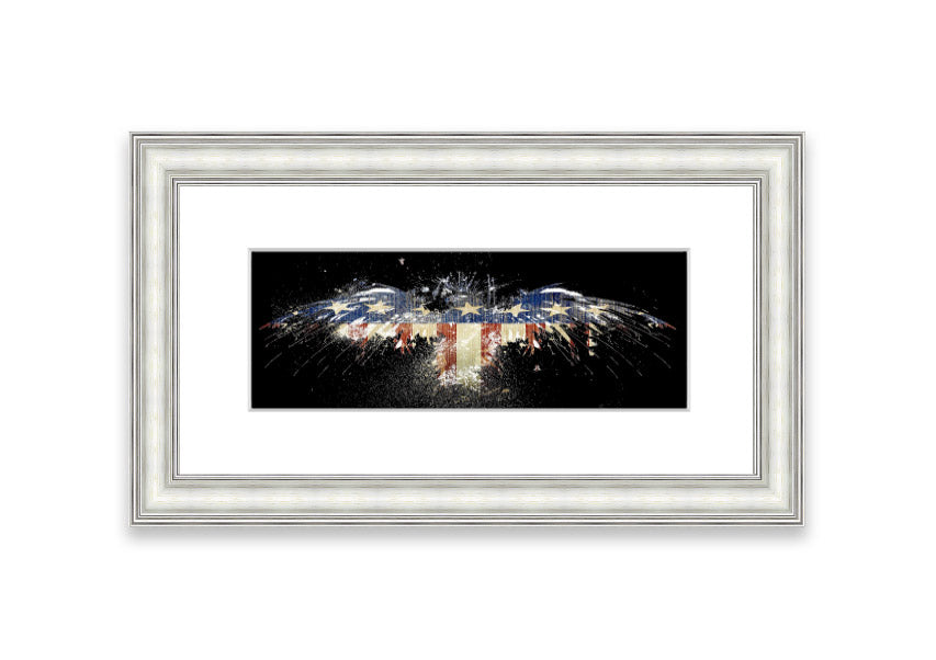 Framed print of an eagle against the American flag, showcasing vibrant colors and intricate details.