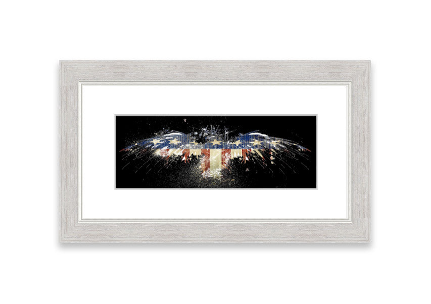 Framed print of an eagle against the American flag, showcasing vibrant colors and intricate details.