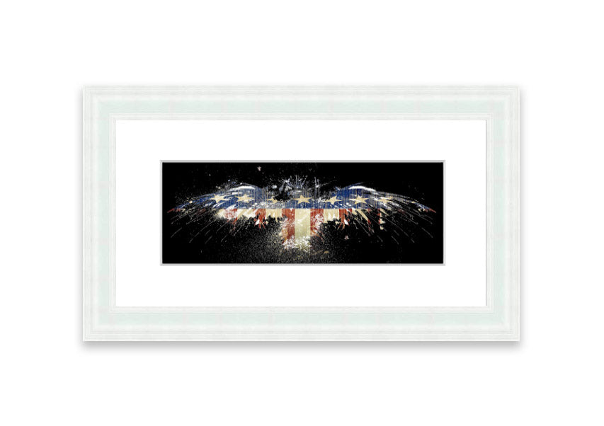 Framed print of an eagle against the American flag, showcasing vibrant colors and intricate details.