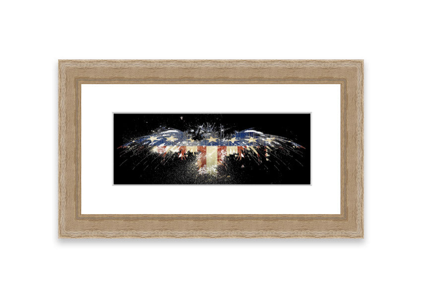 Framed print of an eagle against the American flag, showcasing vibrant colors and intricate details.