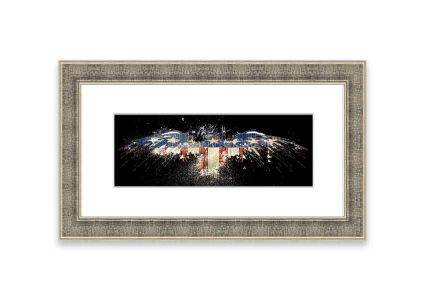 Framed print of an eagle against the American flag, showcasing vibrant colors and intricate details.