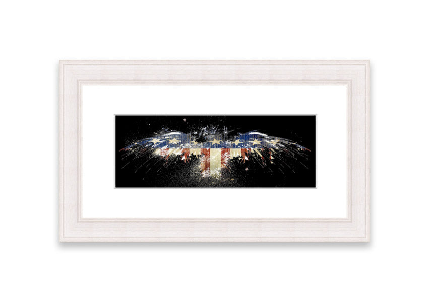 Framed print of an eagle against the American flag, showcasing vibrant colors and intricate details.