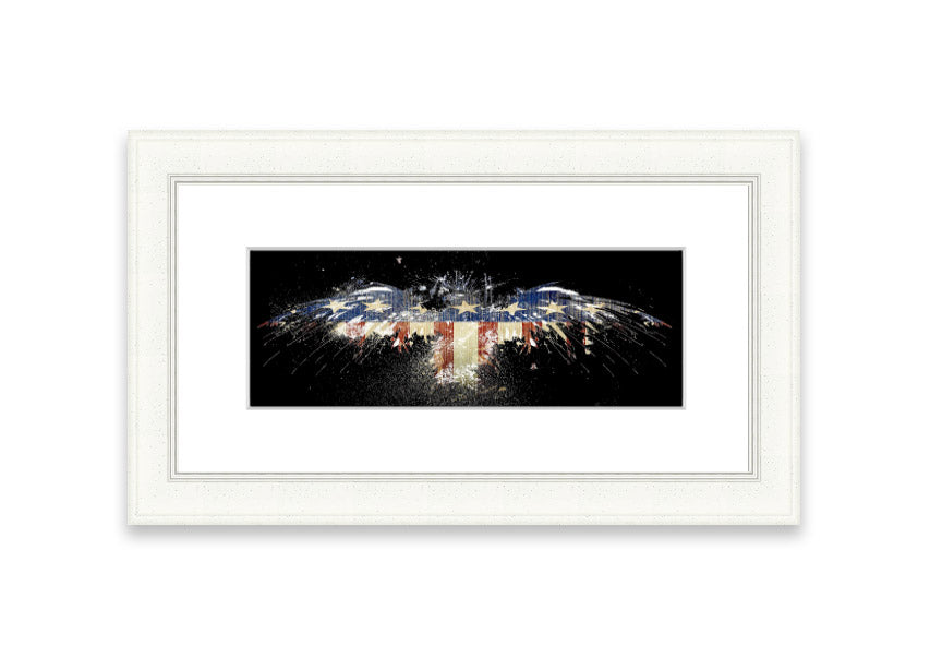 Framed print of an eagle against the American flag, showcasing vibrant colors and intricate details.