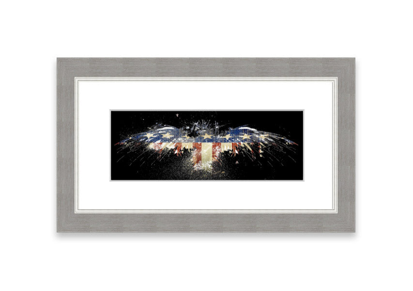 Framed print of an eagle against the American flag, showcasing vibrant colors and intricate details.