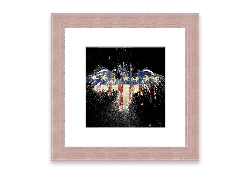 Framed print of an eagle against the American flag, showcasing vibrant colors and intricate details.