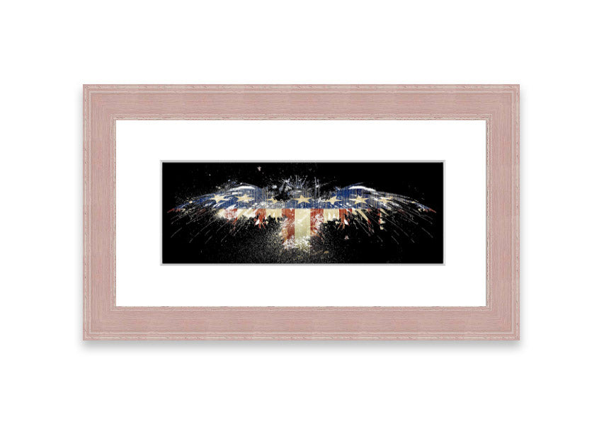Framed print of an eagle against the American flag, showcasing vibrant colors and intricate details.