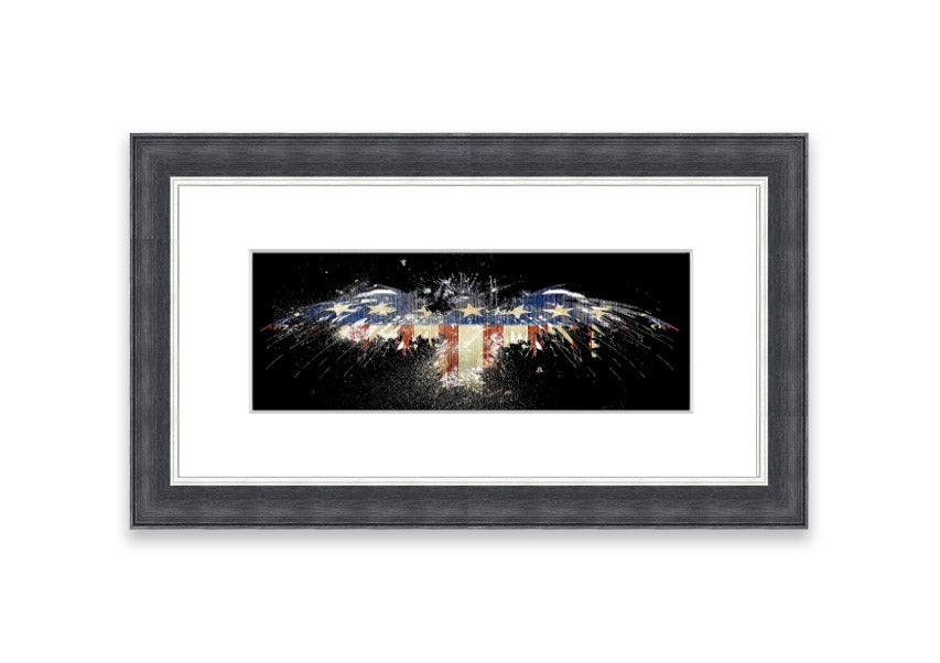 Framed print of an eagle against the American flag, showcasing vibrant colors and intricate details.
