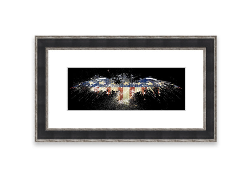 Framed print of an eagle against the American flag, showcasing vibrant colors and intricate details.