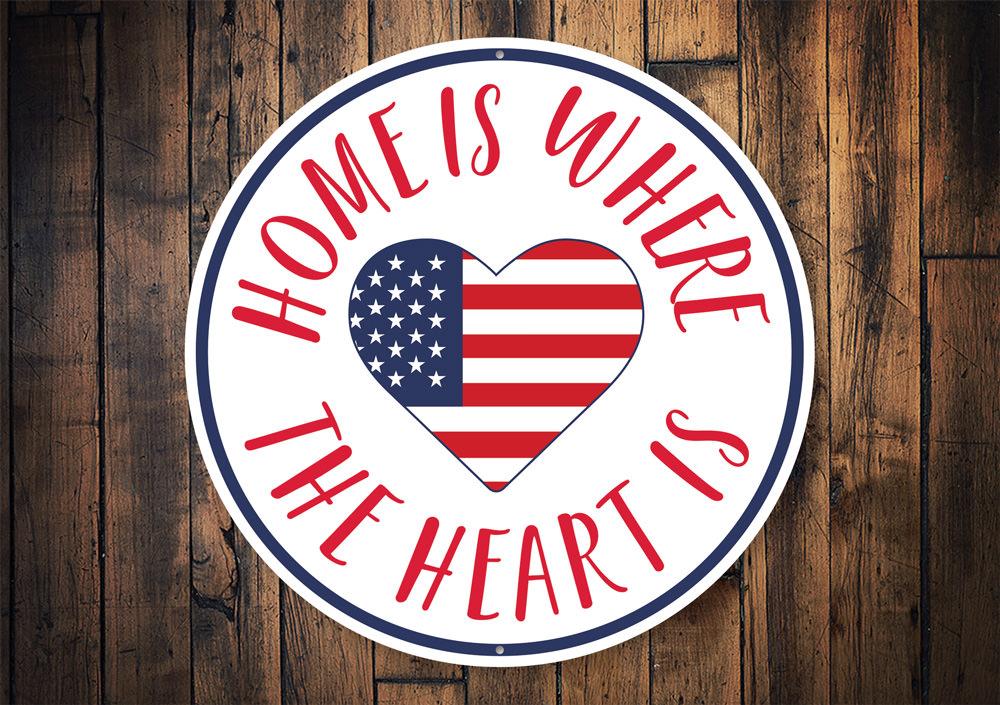 American Flag Heart Sign made of aluminum, featuring vibrant colors and a heart shape, perfect for home decor.