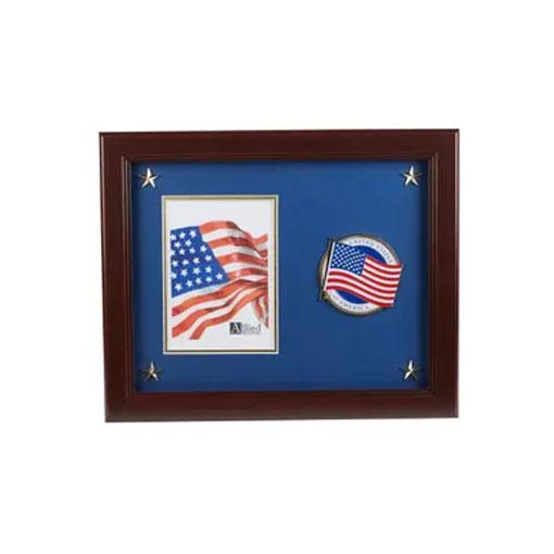 American Flag Medallion Picture Frame with Stars, featuring a mahogany wood finish and blue matting with gold trim.