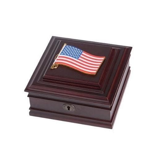 American Flag Medallion Desktop Box made of mahogany wood with brass lock and felt-lined interior.