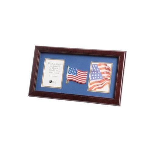 American Flag Medallion Double Picture Frame with blue matting and gold trim, displaying two 4x6 inch photos.