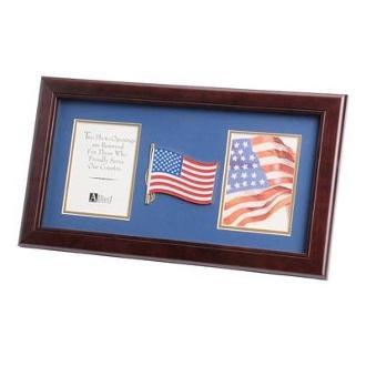 American Flag Medallion Double Picture Frame with blue matting and gold trim, displaying two 4x6 inch photos.