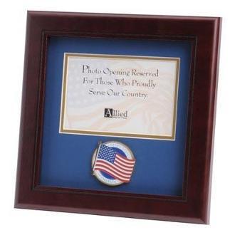 American Flag Medallion Patriotic Landscape Picture Frame with blue matting and gold trim, holding a 4x6 inch photo.