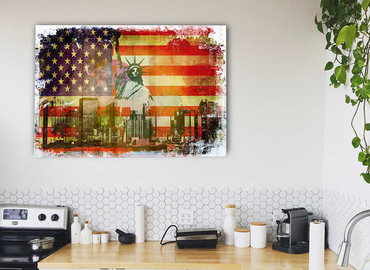 A modern glass print featuring the American flag, showcasing vibrant colors and sleek design, perfect for home or office decor.