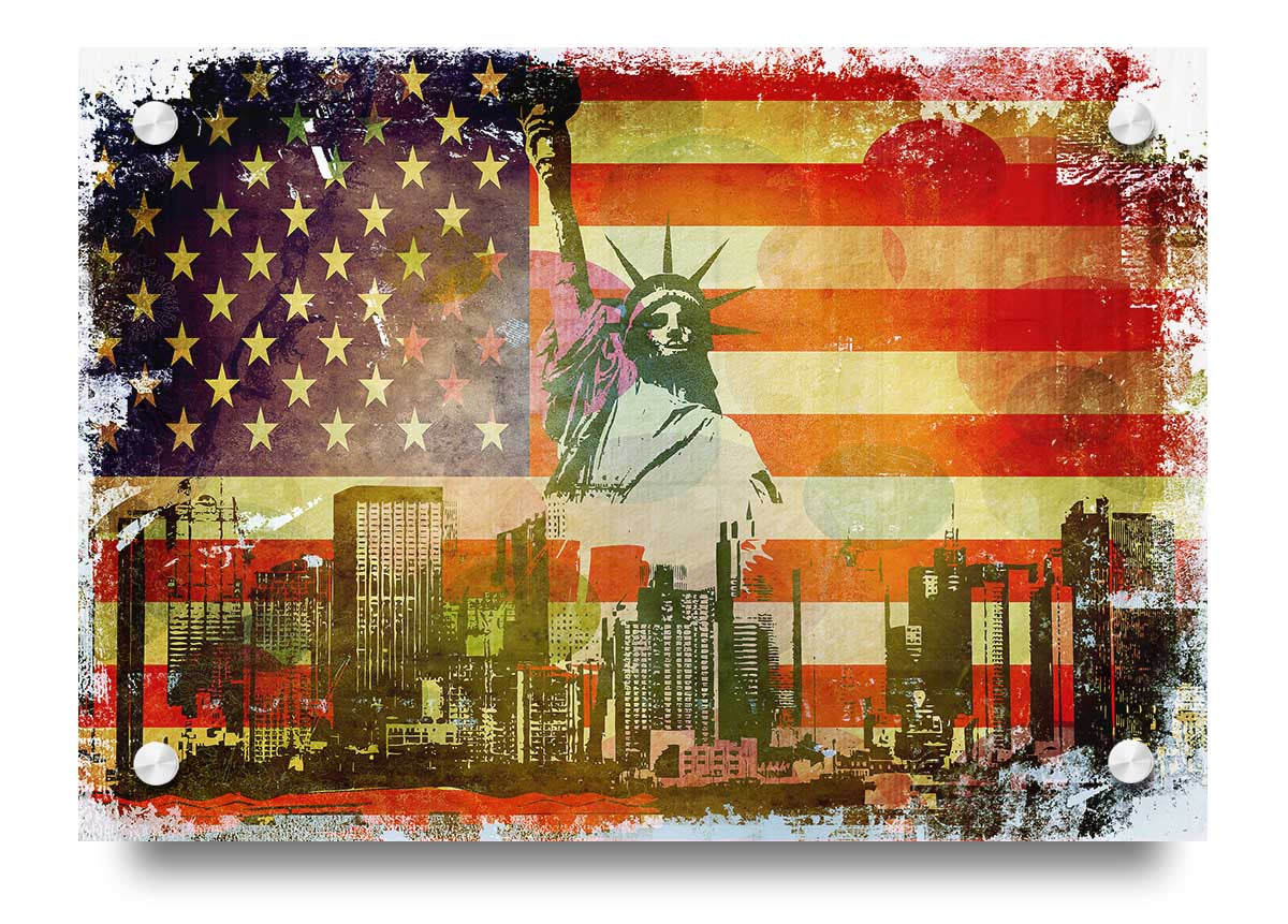Vibrant American Flag NYC acrylic print on 5mm thick glass, showcasing patriotic colors and urban skyline.