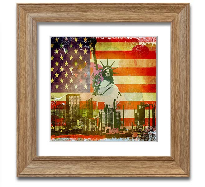 American Flag NYC Square Framed Print with vibrant colors and multiple frame options, showcasing patriotic design.