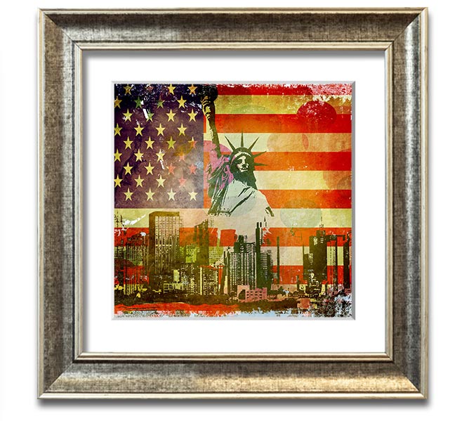 American Flag NYC Square Framed Print with vibrant colors and multiple frame options, showcasing patriotic design.