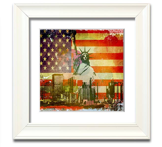 American Flag NYC Square Framed Print with vibrant colors and multiple frame options, showcasing patriotic design.