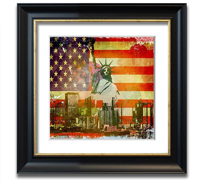 American Flag NYC Square Framed Print with vibrant colors and multiple frame options, showcasing patriotic design.