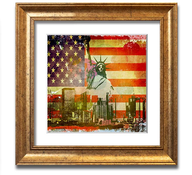 American Flag NYC Square Framed Print with vibrant colors and multiple frame options, showcasing patriotic design.