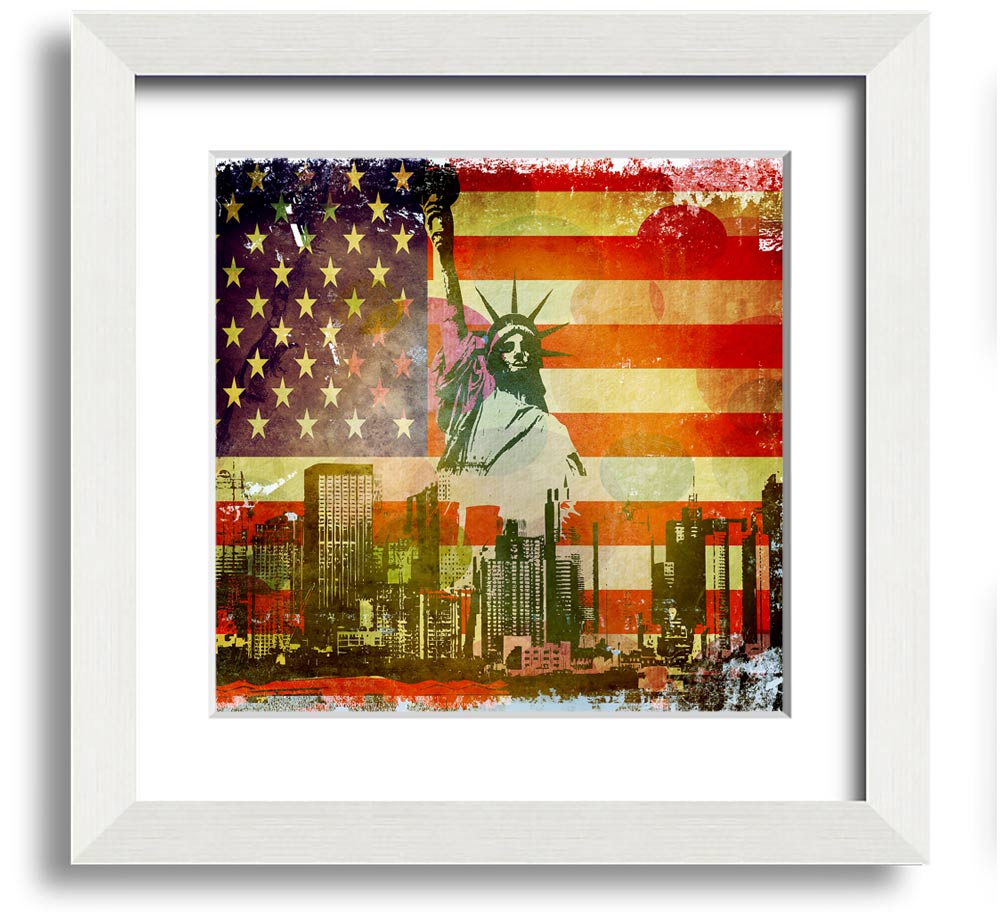 American Flag NYC Square Framed Print with vibrant colors and multiple frame options, showcasing patriotic design.