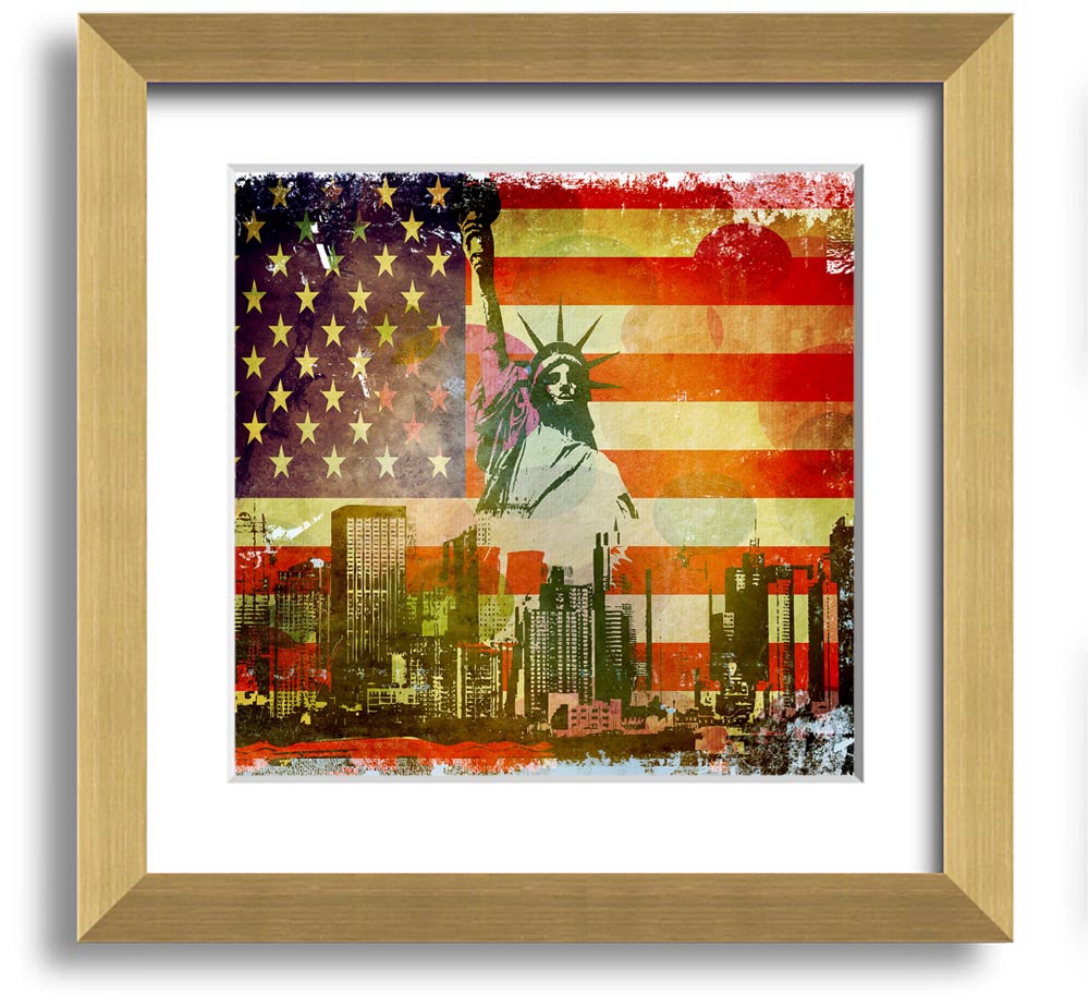 American Flag NYC Square Framed Print with vibrant colors and multiple frame options, showcasing patriotic design.