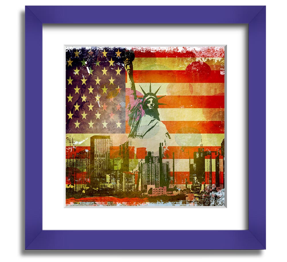 American Flag NYC Square Framed Print with vibrant colors and multiple frame options, showcasing patriotic design.