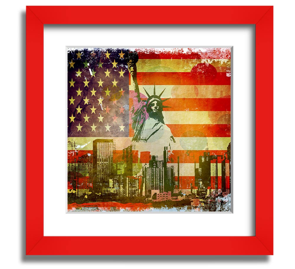 American Flag NYC Square Framed Print with vibrant colors and multiple frame options, showcasing patriotic design.