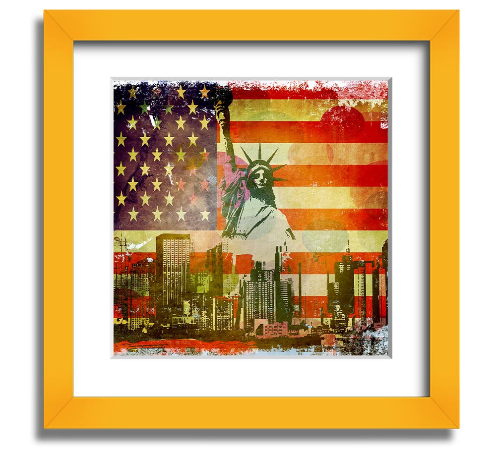 American Flag NYC Square Framed Print with vibrant colors and multiple frame options, showcasing patriotic design.