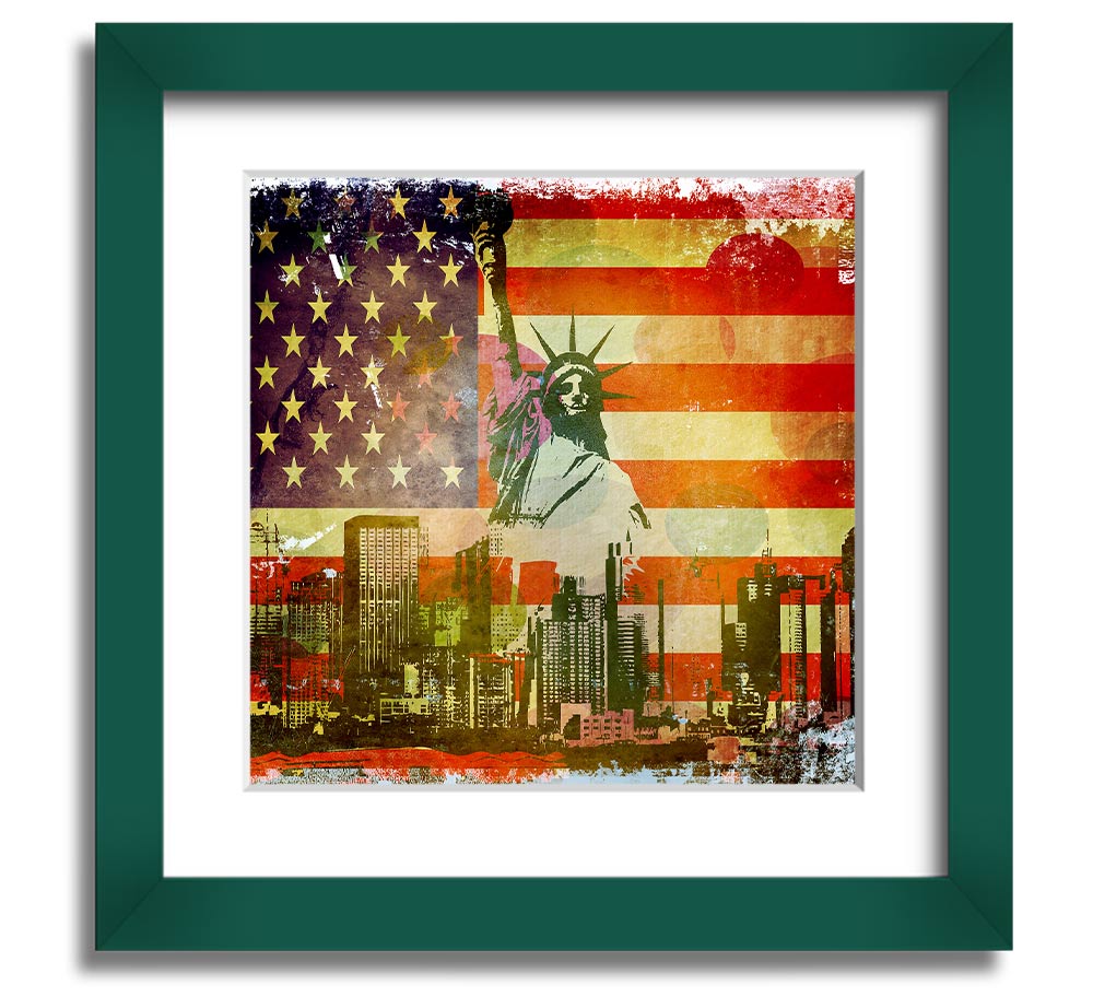 American Flag NYC Square Framed Print with vibrant colors and multiple frame options, showcasing patriotic design.