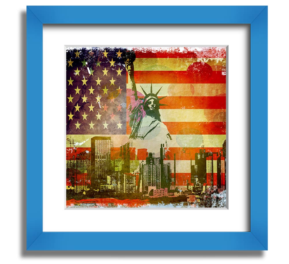 American Flag NYC Square Framed Print with vibrant colors and multiple frame options, showcasing patriotic design.