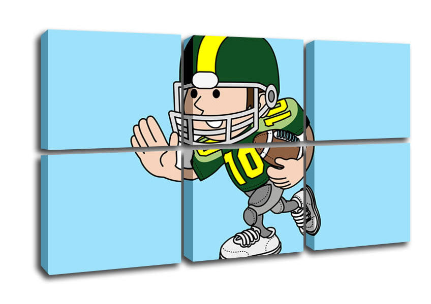 American Football Sport Player canvas in baby blue, mounted on a sturdy box frame, ready to hang.