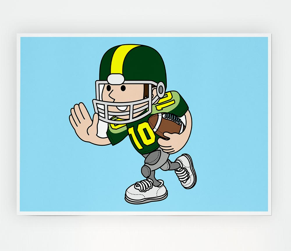 A vibrant baby blue poster featuring an American football player in action, printed on high-quality canvas.